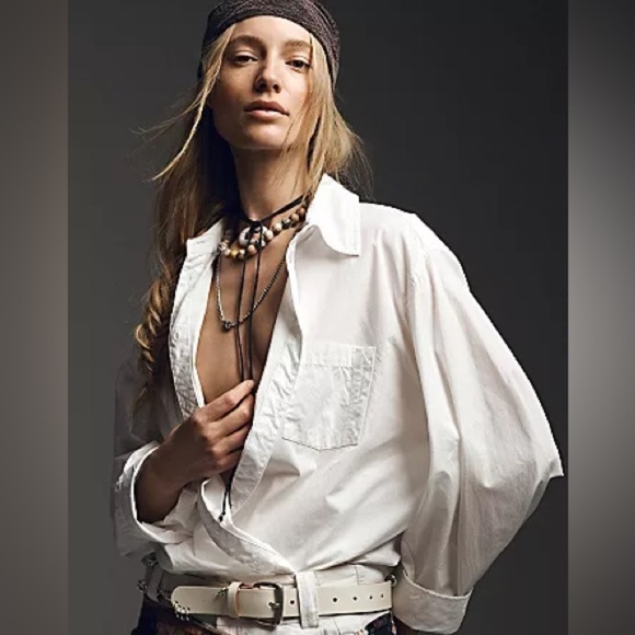 We The Free 2 Way Long Sleeve Wrap Around Ivory Denim Cropped Top Front Pocket - Picture 16 of 16